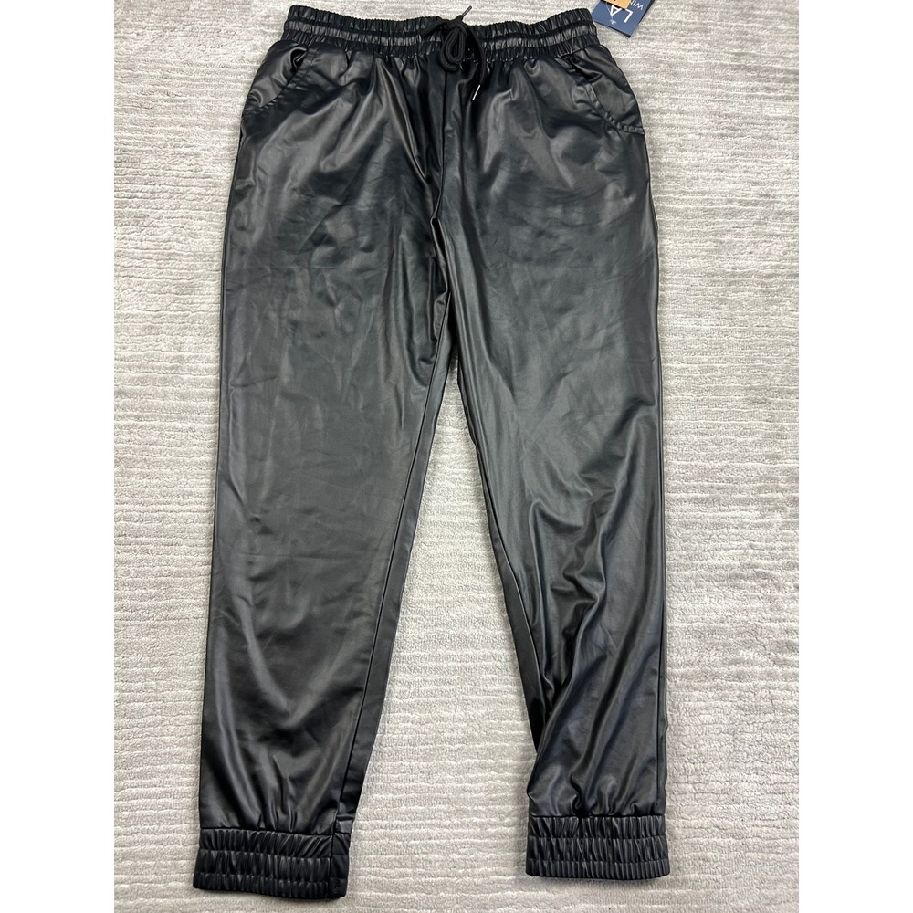 LA Winner Joggers Women L Black SG-JB0071 Faux Leather Elastic Waist Streetwear